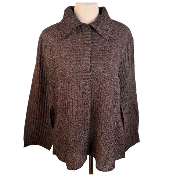 Analogy Women's Blouse Brown Size Med Puckered Front Button Crepe Long Sleeve - Picture 1 of 15